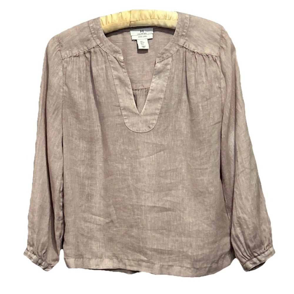 Halston Womens Linen V-Neck 3/4 Sleeve Blouse Top Pale Lavender Size Small
